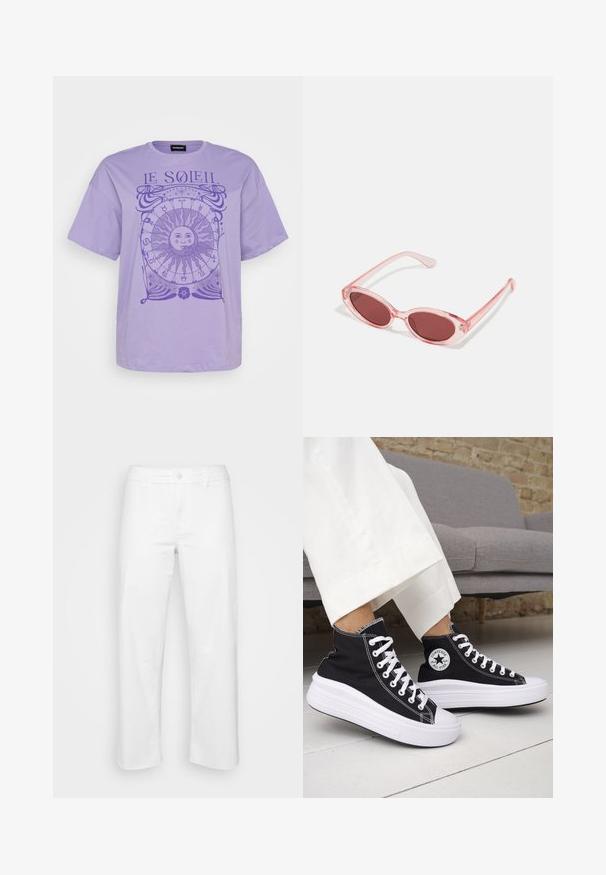 Lavendel bomuld t-shirt med korte ærmer, der har et cirkulært solgrafik og astrologiske symboler i en mørkere lilla. Rund halsudskæring.; Hvide bomuldsbukser med lige ben-design, der har en frontknaplukning, bæltestropper og diskrete syninger.; Sorte sneakers med højt skaft, hvide gummisåler og snørebånd. Har en rund logo-patch og kontrasterende hvide syninger. Fremstillet af lærredsmateriale.; Lyserøde transparente solbriller med ovale linser, mørkerød toning og slanke stænger, der har en glat overflade og diskret detaljering på rammen.; Hvid perlekæde med en multikolor gummy bear vedhæng, der har pink, lilla og blå glitrende sektioner og en sølvklips.