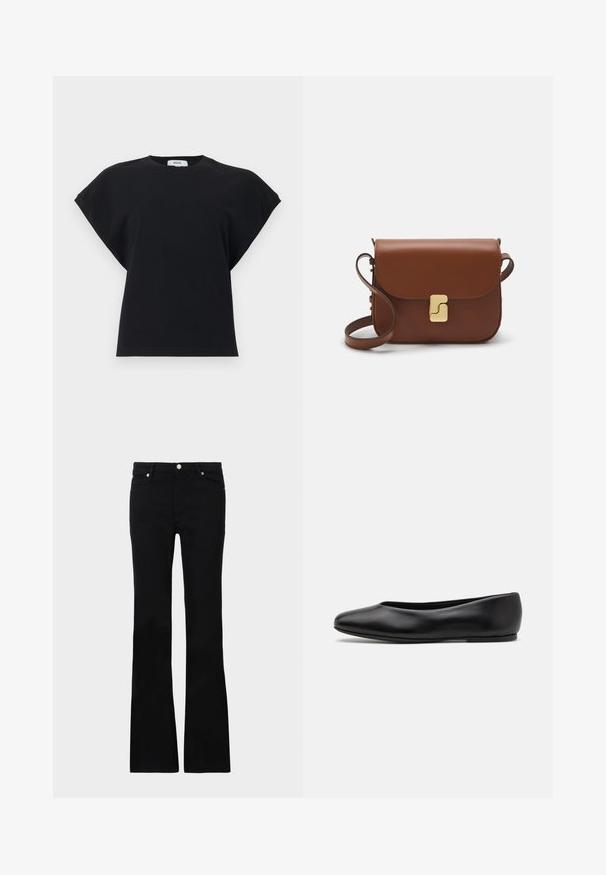 T-shirt preta de algodão com corte descontraído, mangas curtas tipo capa e gola redonda. Não apresenta estampas nem adornos. Design simples.; Calças pretas de ganga em corte flare, com dois bolsos frontais, fecho com botão e uma textura suave. Costura característica visível nas costuras.; Paul Smith TOPANGA - Sabrinas - black; Bolsa de couro castanho com fecho de aba, decoração em tom dourado, alça de ombro e textura suave. Formato retangular compacto.