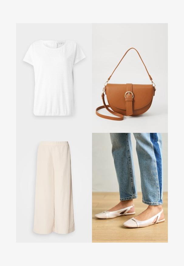 Balta medvilnės marškinėliai su trumpomis rankovėmis, apvalia iškirpte ir aklųjų raštu, kuriame yra deimanto formų. Minkšta tekstūra ir laisvas siluetas.; Kreminės plačios kelnės su elastinga juosta, pasižyminčios laisva prigludimo ir lygiu paviršiumi, tinkamos kasdieniam dėvėjimui.; Šviesiai rožiniai slingback baleto bateliai su smailiu pirštu, pagaminti iš lygios odai panašios medžiagos. Yra išpjovimų detalės šonuose ir plokščias kulnas.; Ruda odinė kryžminė rankinė, turinti kreivą formą, auksinius metalinius elementus ir sagtį. Yra nuimama petneša.