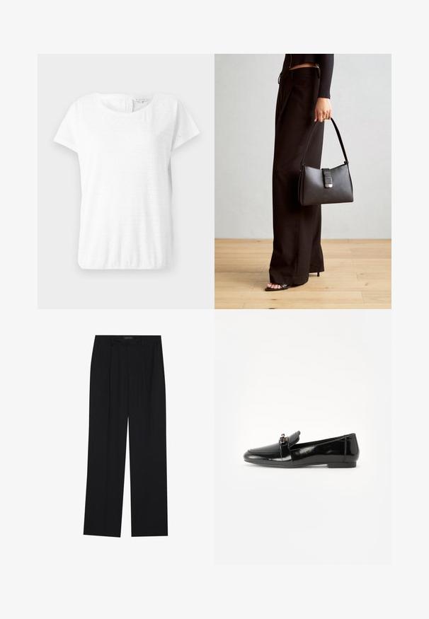 Valkoinen puuvillapaita lyhyillä hihoilla, pyöreällä niinnekiellä ja silmukkakuosilla, jossa on timantin muotoisia kuvioita. Pehmeä tekstuuri ja rento malli.; Mustat housut suoralla lahkeella, joissa on kaksi etutaskua ja vyötärö. Valmistettu sileästä, kevyestä kankaasta.; Mustat kiiltonahka loafarit, joissa on tasapohja, pyöristetty kärki ja koristeellinen nauha kultasävyisellä yksityiskohdalla. Sujuva, kiiltävä pinta.; Musta käsilaukku, jossa on rakenteellinen muoto, sileä pinta ja metallinen solki. Yhdistetty leveisiin mustiin housuihin ja avonaiheisiin sandaaleihin puulattialla.