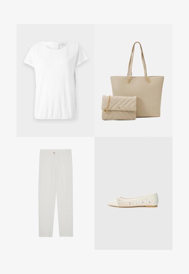 Biela bavlnená tričko s krátkymi rukávmi, okrúhlym výstrihom a očkovaným vzorom so štvorcovými tvarmi. Mäkká textúra a uvoľnený strih.; Biele, priliehavé nohavice s rovnými nohavicami, so zapínaním na gombík, pútkami na opasok a bočnými vreckami; hladká textúra látky.; Biele ploché topánky s špicatou špičkou z krémovej kože s priehľadným zvrškom posiatym kamienkami. Mäkká podrážka pre pohodlie, minimalistický dizajn.; Bežová taška na plece s plochými uchami, hladkým povrchom a zlatými kovovými detailami, doplnená zladenou prešívanou kabelkou s reťazovou rukoväťou.