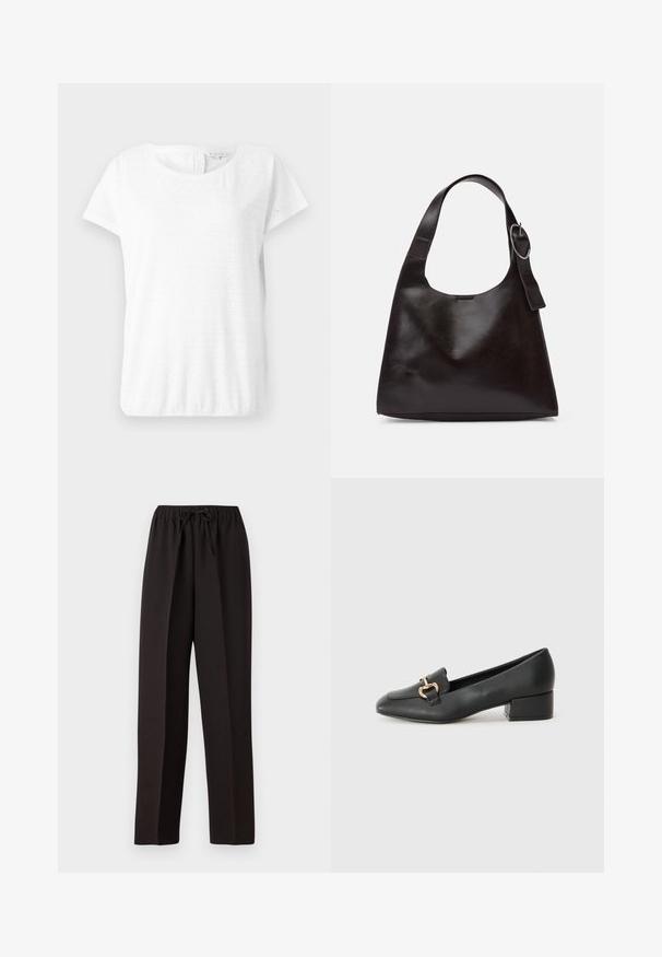 White cotton T-shirt with short sleeves, round neckline, and eyelet pattern featuring diamond shapes. Soft texture and relaxed fit.; Black, wide-leg pants with an elastic waistband and adjustable drawstring. Made from a smooth, lightweight fabric with no visible patterns.; Black leather loafers with a flat heel, featuring a decorative gold hardware detail on the front and a smooth texture.; Brown leather shoulder bag with a smooth texture, rounded shape, wide strap, and circular metallic accent on the handle.