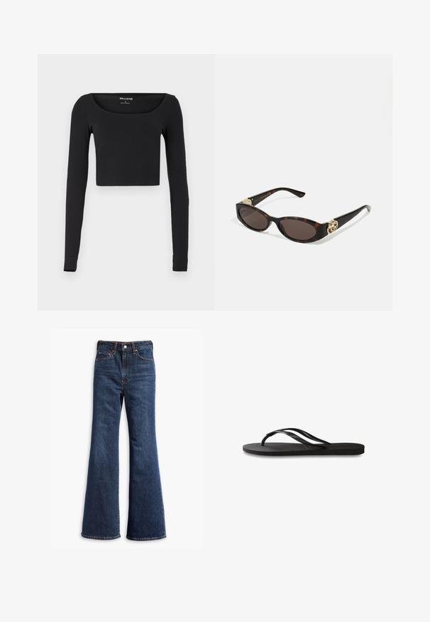 Schwarzes, langärmliges Crop-Top mit quadratischem Ausschnitt, aus dehnbarem Stoff gefertigt. Hat ein einfaches Design ohne sichtbare Muster oder Akzente.; Hochtaillierte dunkelblaue Jeans mit ausgestellten Beinen, Vorderknopf- und Reißverschluss sowie Fünf-Taschen-Design.; Schwarze Flip-Flops mit einer strukturierten Gummisohle, zwei schlanken Riemen und einem dezenten, geprägten Logo-Detail auf dem Riemen.; Schildpatt-Sonnenbrille mit länglich-ovalen Gläsern, braunem Farbton, goldenen Logo-Akzenten an den Bügeln und schlanken schwarzen Bügeln.