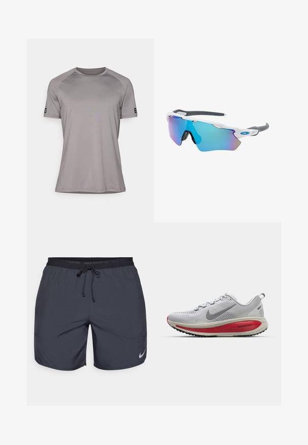 Camiseta gris de manga corta con cuello redondo, fabricada en una tela suave y ligera. Presenta un logo en la manga izquierda.; Pantalones cortos de running de Nike en gris oscuro, con una cintura elástica y un cordón de ajuste, además de un acento del logo plateado en la parte inferior de la pierna derecha.; Zapatilla de correr Nike en malla gris claro con acentos rojos, que presenta una punta redondeada, una suela con potente amortiguación y un diseño texturizado en la suela para mayor agarre.; Gafas de sol con montura blanca, detalles grises y lentes espejados azules. Diseño deportivo, forma envolvente y almohadillas para la nariz ajustables.