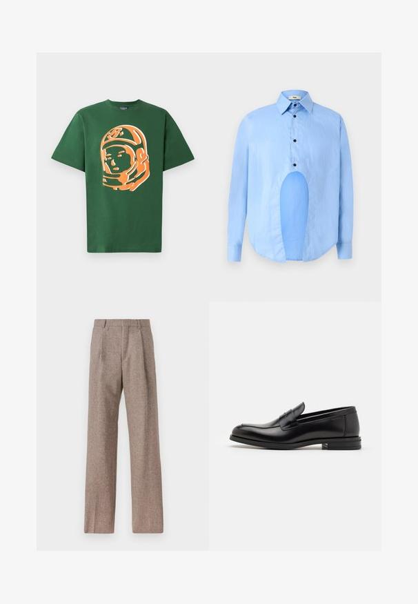 Zaļš kokvilnas t-krekls ar lielu oranžu astronauta grafiku uz priekšpuses, īsām piedurknēm un brīvu piegriezumu.; Gaiši zils garām piedurknēm krekls ar punktētu apkakli, melniem pogām un unikālu izgriezumu priekšpusē, lai izceltu dizainu.; Brūni, augstos šortos izgatavoti no teksturēta auduma. Iezīmē plašas kājas un divas priekšējās krokas, kas nodrošina struktūru. Kārtīga apdare bez redzamām detaļām.; Melnas ādas kurpes ar gludu tekstūru, noapaļu purngalu un dekoratīvu siksniņu pāri priekšpusei. Zems sakrauts papēdis, minimālisma dizains.