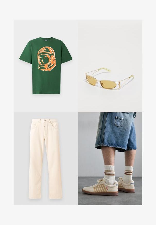 Zeleni pamučni majica kratkih rukava s velikim narančastim grafičkim prikazom astronauta na prednjoj strani, s opuštenim krojem.; Svijetlo bež traperice s ravnim nogavicama, pet džepova i prednjim kopčanjem na dugme. Šavovi su vidljivi duž šavova.; Bež retro tenisice sa smešnim gumiranim đonom, sa prugastim detaljima i izvezenim logotipima. Nose se sa belim čarapama i prugastim smešnim detaljem.; Nažute naočale za sunce s prozirnim zlatnim okvirom, uskim pravokutnim oblikom i oštrim rukama s svijetlozelenim naglascima.