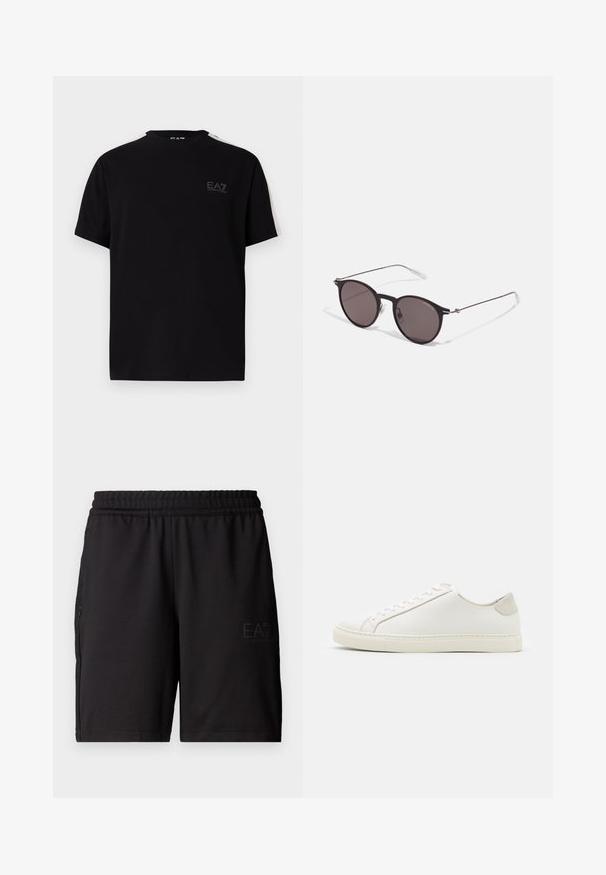 Czarny bawełniany t-shirt z krótkimi rękawami, z małym logo EA7 na piersi i kremowymi paskami na ramionach.; Czarne sportowe szorty wykonane z lekkiego materiału, z elastycznym paskiem w talii i siateczkowymi panelami bocznymi. Logo marki nadrukowane z przodu.; Białe skórzane sneakersy o gładkiej powierzchni, okrągłym nosku i minimalistycznym wzornictwie. Zawierają beżowe akcenty na pięcie oraz gumową podeszwę.; Czarne okrągłe okulary przeciwsłoneczne z ciemnymi soczewkami i smukłymi metalowymi ramkami. Zawierają przezroczyste końcówki zauszników oraz srebrne akcenty przy zawiasie. Minimalistyczny design.