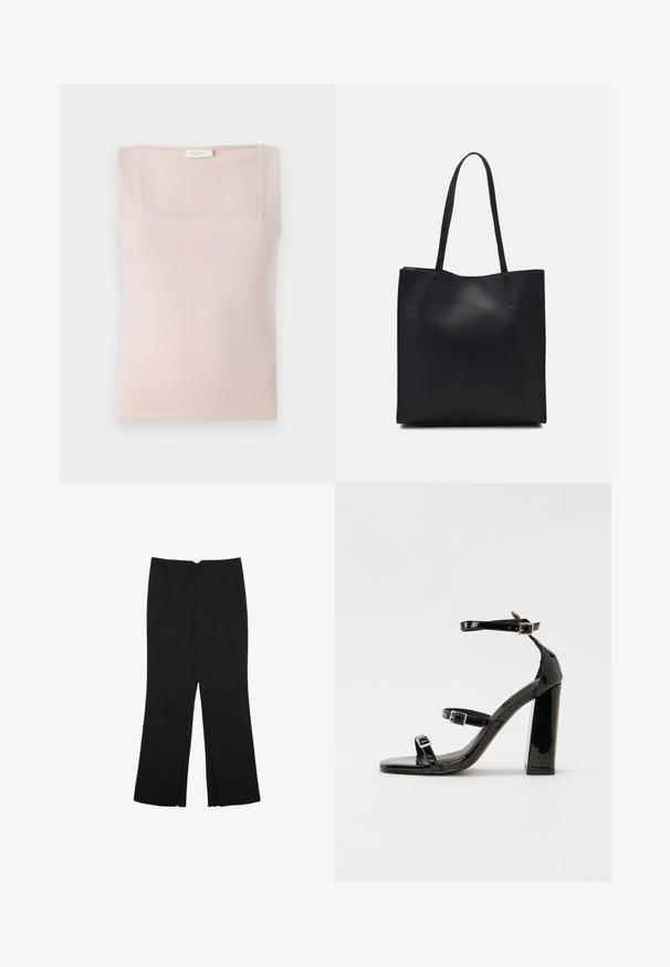 Hellrosa ärmelloses Top mit quadratischem Ausschnitt, gefertigt aus weichem Stoff; die Naht ist sauber verarbeitet und die Textur ist einheitlich.; Schwarze Hose mit geradem Schnitt, ausgestattet mit Fronttaschen und Seitenschlitzen am Saum. Hergestellt aus weichem, glattem Stoff. Geeignet für verschiedene Anlässe.; Schwarze patentierte Sandalen mit Absatz, quadratischer Spitze, Knöchelriemen und silbernen Schnallen. Mit einem stabilen Blockabsatz für mehr Stabilität.; Schwarze Laptoptasche aus Leder mit glatter Textur, rechteckiger Form und zwei langen Griffen. Keine sichtbaren Beschläge oder Verzierungen.