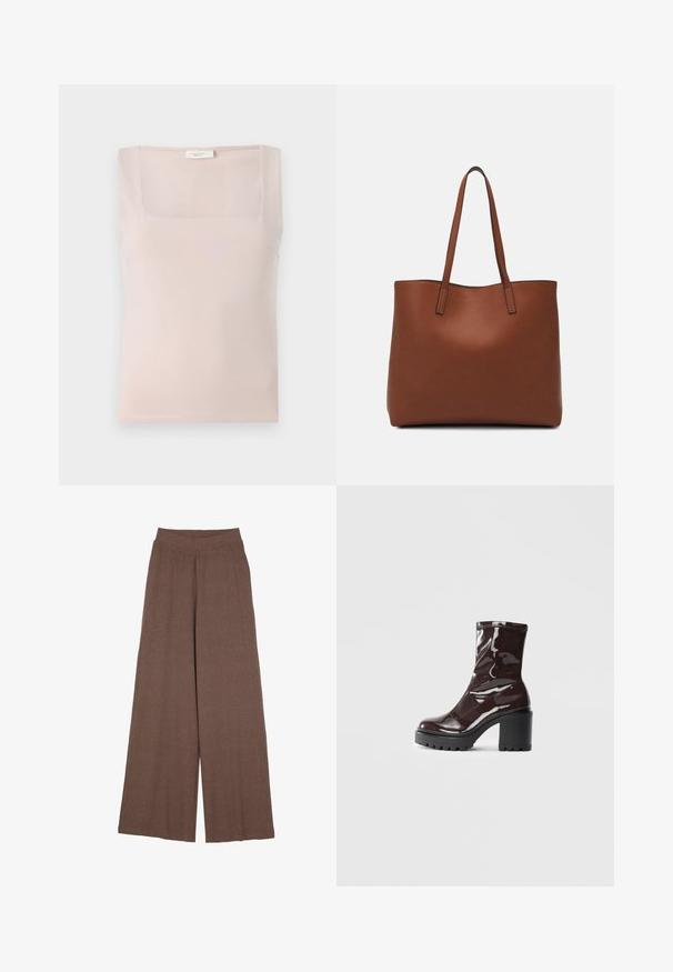 Top de tirantes cuadrado en color rosa claro, hecho de una tela suave; diseño sin mangas con costuras bien terminadas y una textura lisa.; Pantalones de pierna ancha hechos de una tela texturizada y acanalada en un cálido color marrón. Presentan una cinturilla sin costuras y una silueta fluida.; Botín burdeos brillante hasta el tobillo con un tacón negro grueso, que presenta una textura suave y un diseño sencillo. Sin cierres ni patrones visibles.; Bolso tote de cuero marrón con una textura suave, diseño de apertura superior y dos correas para el hombro. Presenta una costura mínima y sin herrajes visibles.