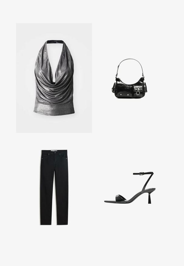 Metalni srebrni top na halter, z globokim V-izrezom in drapirano sprednjo stranjo. Gladka tekstura z nabranim oblikovanjem na pasu.; Črne jeans hlače s ravnim krojem, petimi žepi, kovinskim gumbom za zapiranje in subtilnimi šiviljskimi podrobnostmi. Gladka tekstura.; Bershka Sandali z visoko peto - black; Črna lakasta usnjena torbica s ukrivljeno obliko, enim ramenskim trakom, sprednjimi žepi in srebrnimi kovinskimi dodatki.