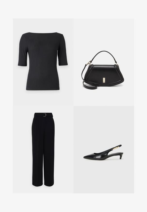Calvin Klein SCOOP BACK - Basic T-shirt - black; Black tailored pants with a wide-leg silhouette, featuring a belt with a silver buckle, pleats, and a smooth fabric texture.; Black leather slingback heels with a pointed toe, featuring a slim heel and a gold-tone accent on the adjustable strap. Smooth texture.; Black leather handbag with a structured design, featuring a cropped shape, top handle, and gold hardware accent. Adjustable shoulder strap included.