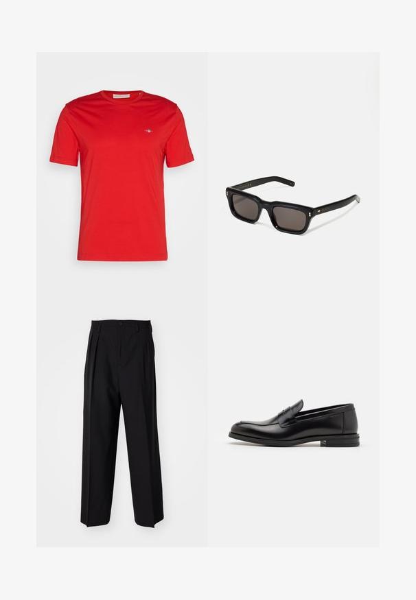 T-shirt en coton rouge avec un col rond, des manches courtes et un petit accent logo bleu sur la poitrine gauche. Texture lisse, style décontracté.; Pantalons plissés noirs avec un design droit et large. Fabriqués en tissu lisse, avec une fermeture à bouton et des passants de ceinture.; Mocassins en cuir noir avec une texture lisse, bout rond et une sangle décorative sur le dessus. Talon bas empilé, design minimaliste.; Lunettes de soleil noires rectangulaires avec des verres foncés, monture en plastique épais, accents dorés sur les branches et logo de la marque gravé sur le bras.
