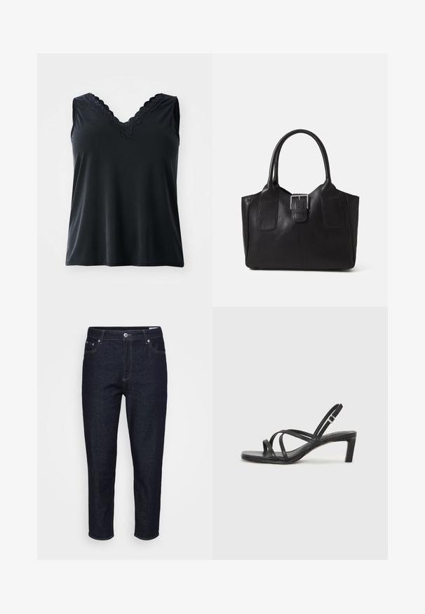 Melnas bez piedurknēm topiņš ar V veida kakla izgriezumu, kas rotāts ar mežģīnēm. Gluda tekstūra, brīvs piegriezums un bez redzamām rakstu vai aksesuāru detaļām.; Taisni svārki no tumši zilas džinsa ar priekšējiem kabatām, jostas cilpām un priekšējo pogu aizdari, izstādīti uz neitrāla fona.; Melnas strappy sandales ar kvadrātveida purngaliem un zemu bloku papēdi. Ievērojamas ar vairākiem plāniem siksniņām un regulējamu potītes siksniņu. Izgatavotas no gludas ādas.; Melnas ādas somiņa ar gludu tekstūru, strukturētu formu, divām rokturām un izteiktu sudraba sprādzi priekšpusē.; Sudraba divu joslu gredzens ar gludu, pulētu virsmu. Iezīmējas ar plūstošu, izliekta dizaina struktūru ar pārklājošām sekcijām modernam izskatam.