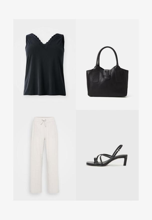 Black sleeveless top with a V-neck featuring lace trim. Smooth texture, relaxed fit, and no visible patterns or hardware.; Light beige linen pants with a wide leg design, an elastic waistband, and a front tie detail. Textured fabric adds visual interest.; Black strappy sandal with a square toe and a low block heel. Features multiple thin straps and an adjustable ankle strap. Made of smooth leather.; Black leather tote bag with smooth texture, structured shape, two handles, and a prominent silver buckle detail on the front.; Silver double-band ring with a smooth, polished surface. Features a fluid, curved design with overlapping sections for a modern look.