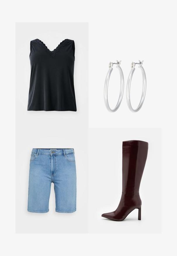 Top negro sin mangas con escote en V y detalles de encaje. Textura suave, corte holgado y sin patrones ni herrajes visibles.; Shorts de mezclilla azul claro con corte clásico, que cuentan con un cierre frontal de botones, pasadores para cinturón y dos bolsillos laterales. Textura suave y dobladillo recto.; Even&Odd Botas - dark red; Pendientes de aro de plata con un acabado liso y pulido. Forma redonda y cierre de click seguro. Diseño ligero adecuado para el uso diario.
