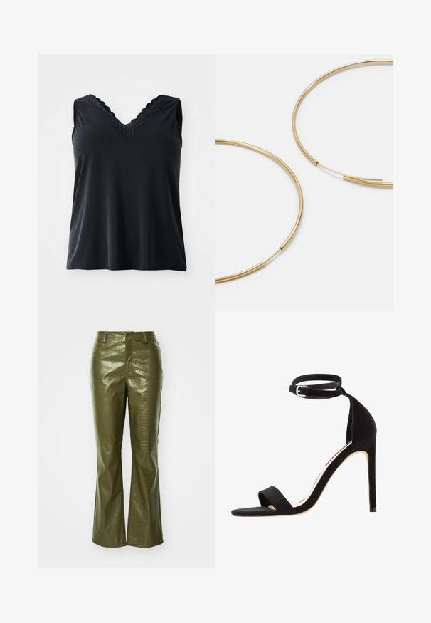 Čierny top bez rukávov s výstrihom do V, s čipkovým lemovaním. Hladká textúra, voľný strih a bez viditeľných vzorov alebo kovových detailov.; Olivovo zelené nohavice z faux kože s textúrou krokodíla, s úzkym pásom a rozšírenými nohavicami. Materiál má lesklý povrch.; Čierne semišové sandále na vysokom opätku s jednoduchým dizajnom remienka, otvorenou špičkou a remienkom okolo členka s striebornou prackou.; Zlaté kruhové náušnice, tenké a okrúhleho tvaru, s hladkým kovovým povrchom a bez ozdôb alebo vzorov.