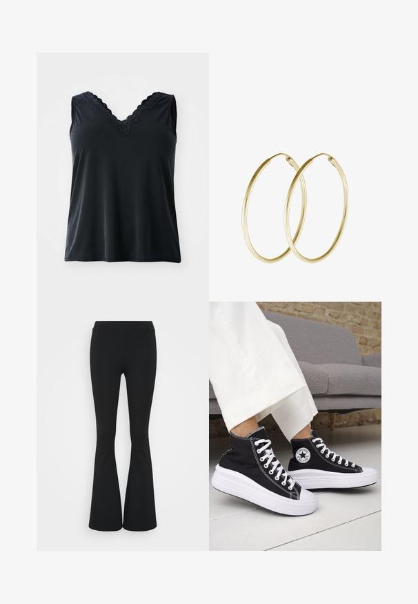 Črna brezrokavna majica z V-izrezom, okrašena z čipkastim robom. Gladka tekstura, sproščen kroj in brez vidnih vzorcev ali kovinskih dodatkov.; Črne hlače s širokimi hlačnicami, izdelane iz raztegljive tkanine, z visokim pasom in gladko teksturo. Hlače se širijo od kolena navzdol.; Črni visoki supergi z belimi gumijastimi podplati in vezalkami. Na njih je okrogel logotip in kontrastno belo šivanje. Iz blaga platna.; Zlate obročaste uhane z gladkim, zaobljenim dizajnom in sijočo končno obdelavo. Lahka konstrukcija z varnim zapiranjem.