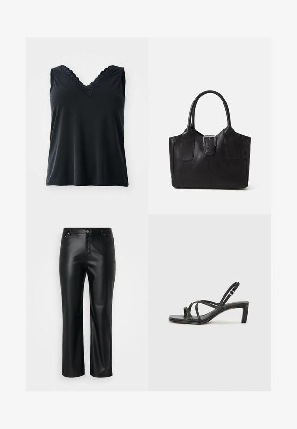 Top negru fără mâneci, cu decolteu în V și garnitură din dantelă. Textură fină, croială lejeră și fără modele sau elemente de metal vizibile.; Pantaloni din piele ecologică negri, cu croială dreaptă, dotate cu bucle pentru curea, buzunare frontale și închidere cu fermoar și buton. Textură netedă.; Sandal cu barete negre, cu vârf pătrat și toc mic de bloc. Prezintă mai multe barete subțiri și o bareta ajustabilă la gleznă. Fabricat din piele netedă.; Geantă tote din piele neagră cu textură netedă, formă structurată, două mânere și un detaliu proeminent din aliaj de argint pe partea din față.