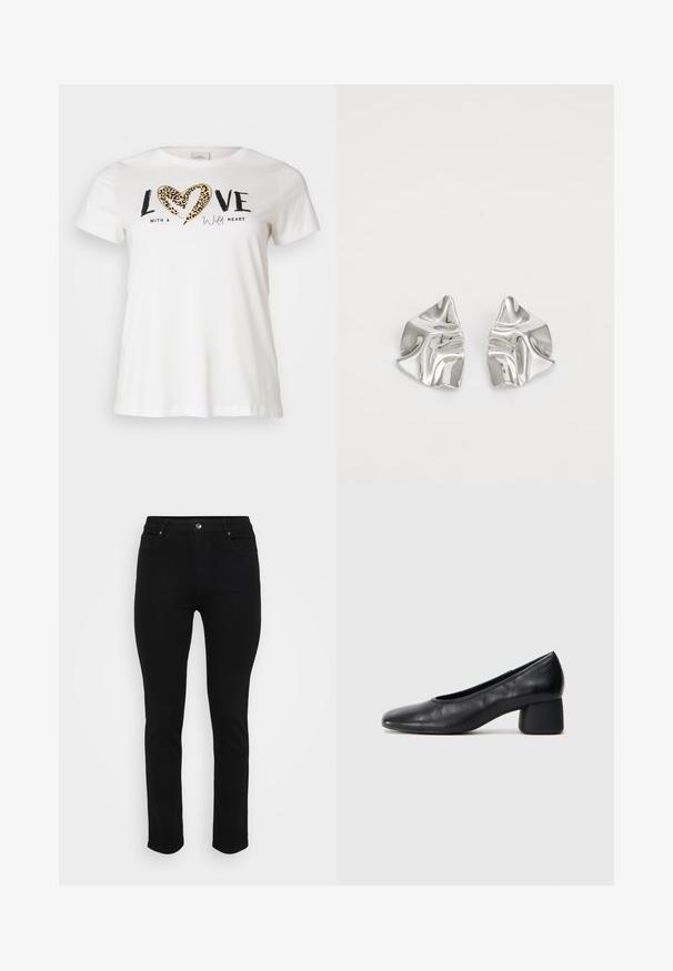 White t-shirt with a crew neckline, featuring "LOVE" in black and a leopard-print heart, accented with "with a wild heart" in cursive.; Black denim jeans with a slim fit, five-pocket design, front button closure, and slight stretch for comfort. Flat, smooth texture with minimal detailing.; Black leather pump with a rounded toe and mid-block heel. Smooth texture with minimal detailing, featuring a subtle elastic opening.; Silver metal earrings with a wavy, sculptural design featuring a polished finish and irregular shapes, highlighting a contemporary aesthetic.