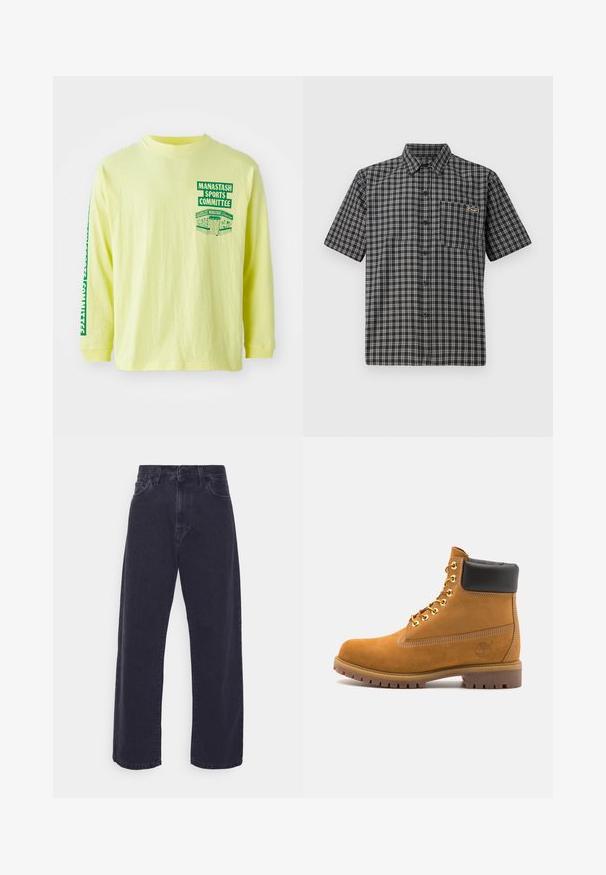 Dzeltena kokvilnas garenās piedurknes krekls ar zaļo grafiku uz krūšu un piedurkņu, kas rakstīts "MANASTASH SPORTS COMMITTEE". Apaļš kakls.; Īsām piedurknēm krekls melnbaltā krodziņa rakstā, ar pogu apkakli, priekšējo kabatu un mazu etiķeti krūtīs.; Tumšo mazgāto džinsu bikses ar plašu kāju siluetu, augstu jostasvietu un piecu kabatu dizainu. Ievērojama klasiskā pogu un rāvējslēdzēja pievēršana.; Brūna zamša potīte ar melnu izšuvumu ap kaklu, zelta metāla acu caurumi, balta šuvju apdare un izturīgs gumijas zole ar izteiktu zīmējumu.