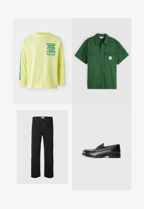 Camisa de manga larga amarilla de algodón con un estampado gráfico verde en el pecho y la manga que dice "COMITÉ DE DEPORTES MANASTASH". Cuello redondeado.; Camisa de algodón verde de manga corta con botones en la parte delantera, dos bolsillos en el pecho y una pequeña etiqueta en el bolsillo izquierdo. Sencilla, sin patrones.; Los jeans rectos de mezclilla negra presentan un diseño clásico de cinco bolsillos con cierre de botón, costuras mínimas y una textura suave.; Mocasines de cuero negro con un acabado suave, detalles de costura en la parte delantera y un tacón ligeramente elevado.