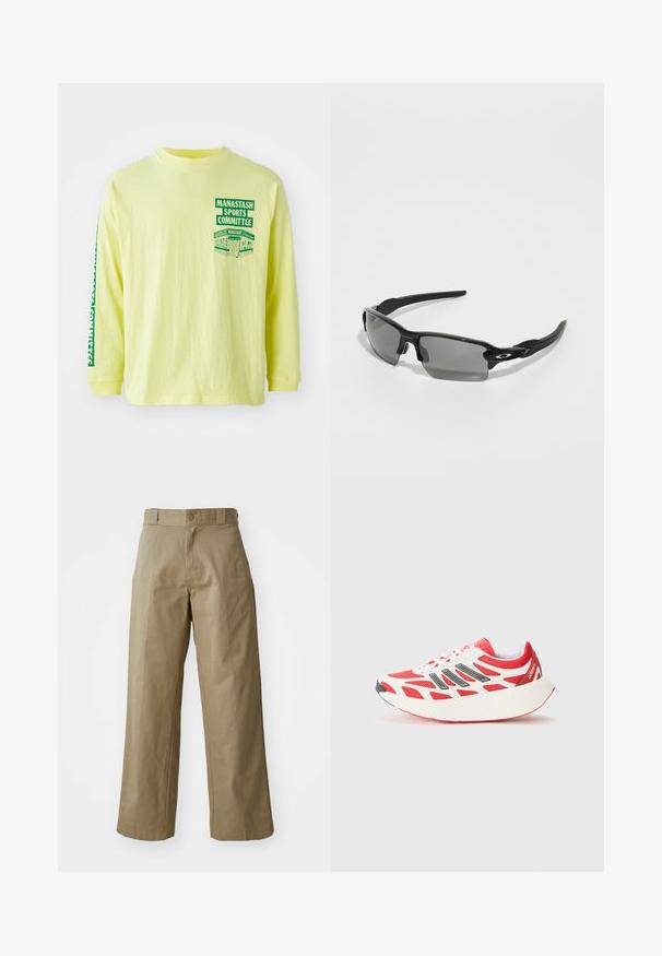 Κίτρινο μακρυμάνικο πουκάμισο από βαμβάκι με πράσινη εκτύπωση γραφικών στο στήθος και το μανίκι που λέει "MANASTASH SPORTS COMMITTEE." Στρογγυλή λαιμόκοψη.; Καφέ παντελόνι με φαρδιά πόδια φτιαγμένο από μείγμα βαμβακιού, με κούμπωμα από ένα κουμπί και εμφανείς πλευρικές τσέπες. Λείο υλικό, λεπτομέρειες με πτυχές.; Κόκκινο και άσπρο αθλητικό παπούτσι, με επάνω μέρος από δίχτυ, παχιά σόλα με καμπυλωτό σχέδιο και μαύρες λεπτομέρειες με υφασμάτινη υφή.; Μαύρα αθλητικά γυαλιά ηλίου με γκρι φακούς, καμπυλωτό σχέδιο πλαισίου και λεπτομέρεια λογότυπου στο πλάι. Φτιαγμένα από ελαφρύ πλαστικό υλικό.