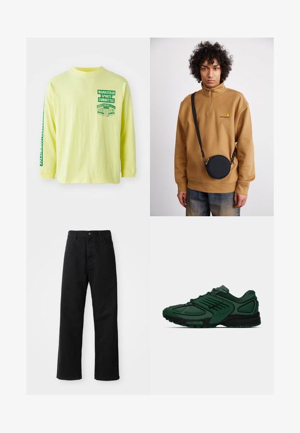 Gul langermet skjorte i bomull med grønn grafikktrykk på brystet og ermene med teksten "MANASTASH SPORTS COMMITTEE." Rund hals.; Svart denimbukser med rett snitt, med frontlommer, glidelåsgylf og en enkelt knapp i toppen. Teksturert stoff med matt overflate.; Mørkegrønn Nike løpesko med svarte detaljer, nettøvre, lisser og hel langt Nike Air såle på hvit bakgrunn.; Brun kvart-zip fleece genser med brodert logo, med en svart rund crossbody bag med glidelås og logodetalj, båret over denim.
