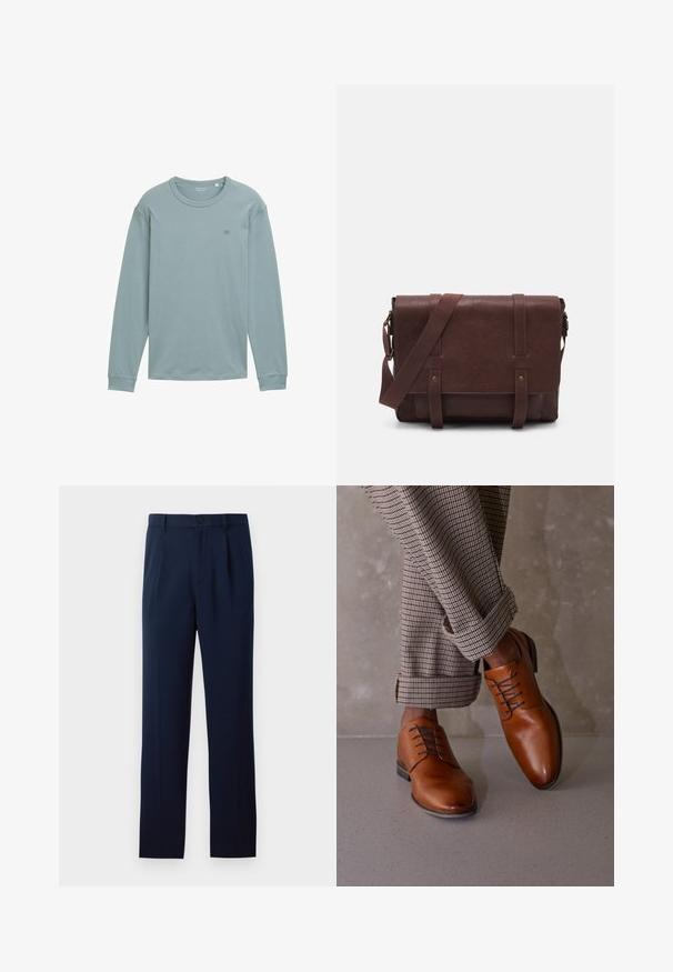Dugmadna majica dugih rukava od mekog, svijetloplavog materijala. Ima okrugli izrez, rebraste rukave i mali logo na prsima. Glatka tekstura.; Tamnoplave hlače od glatkog materijala, s jednim gumbom za zatvaranje, nabranim detaljima i ravnim nogavicama. Minimalistički dizajn bez istaknutih uzoraka.; Smeđe kožne cipele imaju zaobljen vrh, pet rupa za vezivanje i kontrastne tamne vezice. Hlače su karirane i podvrnute na rubovima.; Smeđa kožna torba za messenger s ravnim prednjim poklopcem, dva remena, zlatnim hardverskim detaljima i podesivim remenom za rame.