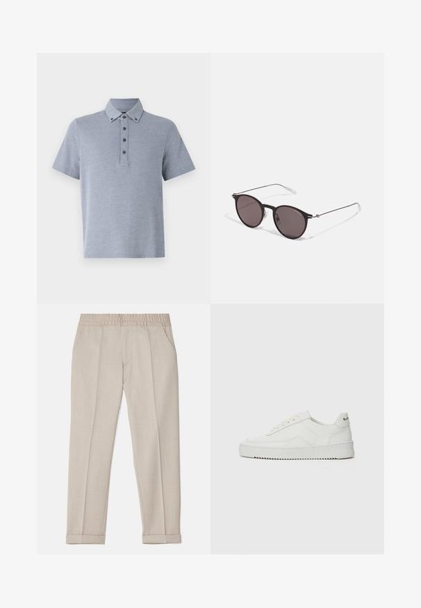 Světle šedý polo triko s krátkým rukávem, které má zapínání na knoflíky, límcový výstřih a měkkou, texturovanou povrchovou úpravu.; Filippa K TERRY CROPPED TROUSERS - Kalhoty - sage melange; Bílé kožené tenisky s hladkým povrchem, kulatou špičkou, plochými tkaničkami a texturovanou podrážkou. Na patě se nachází nenápadné logo.; Černé kulaté sluneční brýle s tmavými skly a tenkými kovovými nohami. Obsahují průhledné koncovky nožiček a stříbrné akcenty na pantu. Minimalistický design.