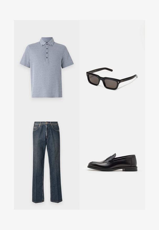 Lys grå kortærmet polo shirt med en knappet placket, krave og en blød, tekstureret stoffinish.; Mørkeblå lige ben denim jeans med frontknap, lynlås, dobbelte forlommer og synlige lodrette folder ned langs benene.; Sorte læderloafers med en glat overflade, rund tå og en dekorativ strop over vampen. Lav hæl med stabeldesign, minimalistisk stil.; Sorte rektangulære solbriller med mørke glas, tyk plastisk ramme, guldtryk på stængerne og brandlogo indgraveret på armen.