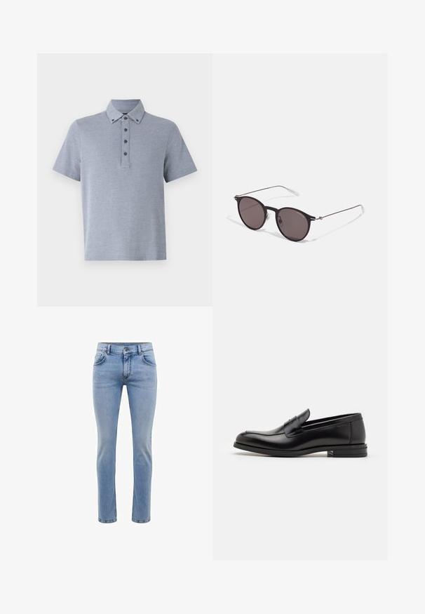 Lys grå kortærmet polo shirt med en knappet placket, krave og en blød, tekstureret stoffinish.; Lysblå denim jeans med en slim fit, fem lommer og et lige ben design. Har en lynlås og bæltestropper. Blød tekstur.; Sorte læderloafers med en glat overflade, rund tå og en dekorativ strop over vampen. Lav hæl med stabeldesign, minimalistisk stil.; Sorte runde solbriller med mørke linser og slanke metalarme. Inkluderer klare tempeltips og sølvdetaljer ved hængslet. Minimalistisk design.