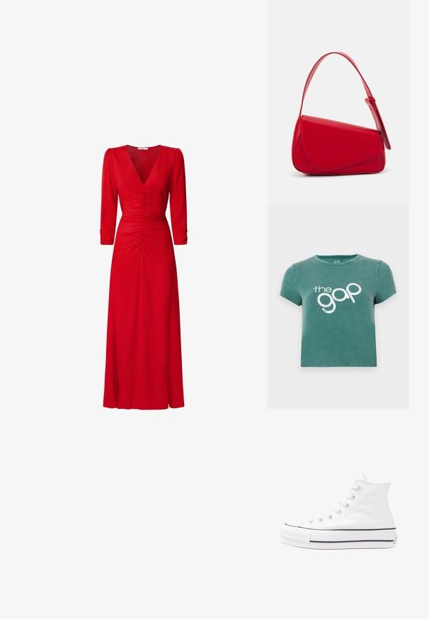 Vihreä lyhythihainen T-paita, joka on valmistettu puuvillasta. Etupuolella on valkoinen painettu logo "the gap". Lyhennetty malli, jossa on pyöreä kaula-aukko.; Punainen mekko, jossa on V-pääntie, kolmen neljänneksen hihat ja rypytetty yksityiskohta vyötäröllä ja takana. Kangas näyttää sileältä ja kevyeltä.; Valkoiset korkeavartiset kangaskengät mustalla kumipohjalla, edessä kuminen varvasosa ja kuusi nauha-aukkoa, puhtaan minimalistisella muotoilulla.; Punainen nahkalaukku, jossa on kulmikas, geometrinen muotoilu. Varustettu yhdellä säädettävällä hihnalla ja läpällä, jossa on ommeltu yksityiskohtia.