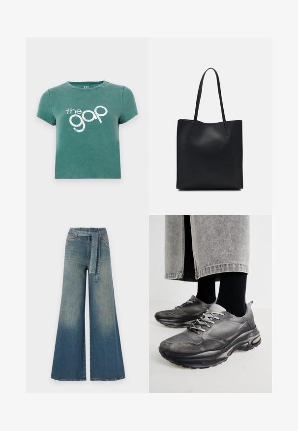 Grünes T-Shirt mit kurzen Ärmeln aus Baumwolle, vorne mit dem weißen Aufdruck "the gap". Gekürztes Design mit rundem Halsausschnitt.; Weit geschnittene Denim-Hosen mit einem Farbverlauf von hellblau zu dunkelblau, hoher Taille, Gürtelschlaufen und einem passenden Stoffgürtel. Strukturierte Denim-Oberfläche.; Schwarze und graue Sportschuhe verfügen über ein Obermaterial aus Mesh, dicke Sohlen und Schnürsenkel. Sie haben eine abgerundete Zehenpartie und sichtbare Dämpfungsdetails.; Schwarze Laptoptasche aus Leder mit glatter Textur, rechteckiger Form und zwei langen Griffen. Keine sichtbaren Beschläge oder Verzierungen.