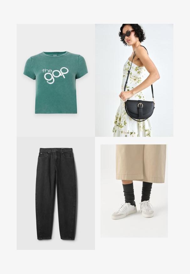 T-shirt verde a maniche corte in cotone, con il logo stampato bianco "the gap" sul davanti. Design cropped con scollatura rotonda.; Jeans di denim nero con taglio a gamba dritta, dotati di cinque tasche, chiusura con bottone e dettagli di cucitura minima. Design e tessuto classici.; Sneaker bianchi e grigi con un accento nero sul tallone, caratterizzati da una parte superiore in pelle liscia e una punta in suede testurizzato. Indossati con calzini scuri grigi a sbuffo.; Borsa a tracolla nera in pelle con una forma curva, manico rimovibile e accessori dorati. La borsa presenta una patta con un dettaglio a fibbia.