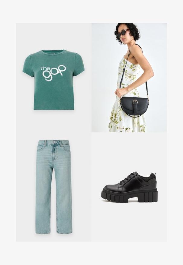 Žalias trumpas rankovė t-shirt, pagamintas iš medvilnės, su baltu spauduotu logotipu "the gap" priekyje. Trumpas dizainas su apvaliu kaklu.; Šviesiai mėlyni plačiakojai džinsai, pagaminti iš džinsinio audinio, su klasikinio penkių kišenių dizainu, švariomis linijomis ir reguliariu liemeniu su mygtuko uždarymu.; Juodi odiniai platformos batai su masyviu blokuota kulniuku, apvalia nosimi ir tradiciniu šnypštimo dizainu. Turintys glotnų paviršių ir minimalų dekoravimą.; Juodas odinis krepšys su išlenkta forma, nuimamu dirželiu ir auksiniais detalėmis. Krepšys turi kilpą su sagtimi.