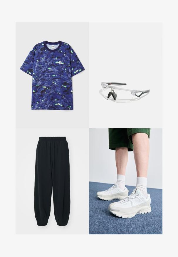 Krátký rukáv tričko v námořnické modři se zelenými listovými vzory, kulatý výstřih a malý akcent loga na hrudi. Bavlněný materiál.; Černé teplákové kalhoty s elastickým pasem, volným střihem, manžetami na kotnících, hladkým povrchem a bez viditelných vzorů či kovových detailů.; Bílé sportovní boty s texturovanými překryvy, masivní podrážkou a šedými akcenty. Na nohou mají bílé ponožky a zelené šortky na modrém povrchu.; Průhledné ochranné brýle s lehkým, transparentním rámem a šedými akcenty. Mají design přes hlavu a nastavitelný nosník.