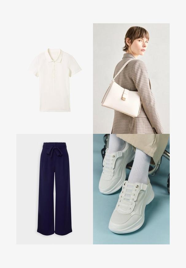 TOM TAILOR Poloshirt - whisper white; Anna Field Broek - dark blue; Witte sneakers met een mesh materiaal, rubberen zool, vetersloze uitvoering met elastische banden en gouden accenten.; Witte leren handtas met een gestructureerd ontwerp, voorzien van een magneetsluiting en een schouderriem, tentoongesteld tegen een neutrale achtergrond.