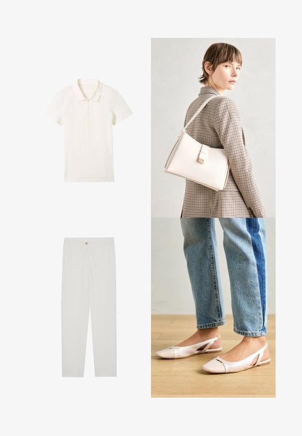 TOM TAILOR - Koszulka polo; Białe, dopasowane spodnie z prostymi nogawkami, posiadające zapięcie na guzik, szlufki na pasek oraz kieszenie boczne; gładka tekstura materiału.; Jasnoróżowe baleriny na odkrytej pięcie z wąskim noskiem, wykonane z gładkiego materiału imitującego skórę. Posiadają wycięcia po bokach oraz płaski obcas.; Biała skórzana torebka o strukturalnym wzorze, z magnetycznym zapięciem i paskiem na ramię, zaprezentowana na neutralnym tle.