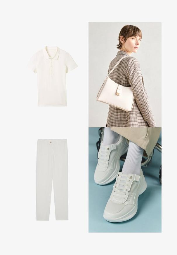 TOM TAILOR Poloshirts - whisper white; Hvide, skrædderlavede bukser med lige ben design, udstyret med knaplukning, bæltesløjfer og sidelommer; glat stoftekstur.; Hvide sneakers med mesh-materiale, gummisål, snørebåndsfri design med elastiske bånd og guldtonede accenter.; Hvid læder håndtaske med en struktureret design, der har en magnetlukning og en skulderrem, præsenteret mod en neutral baggrund.