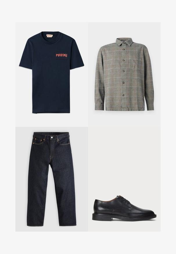 Tmavě modré bavlněné tričko s krátkým rukávem, které má obdélníkovou kapsu s kontrastními červenými výšivkami "MARNI" a šitými detaily.; Košile s dlouhým rukávem, zapínací na knoflíky, v béžovém a černém kostkovaném vzoru, s límečkem a přední kapsou na hrudi, na jednobarevném pozadí.; Tmavomodré džíny z denimu se straight střihem, pěti kapsami, kontrastním oranžovým šitím a knoflíkovým zapínáním. Žádné viditelné vzory ani ozdoby.; Černé kožené společenské boty s kulatou špičkou, šněrováním a nízkým podpatkem. Hladký povrch s minimálním šitím.