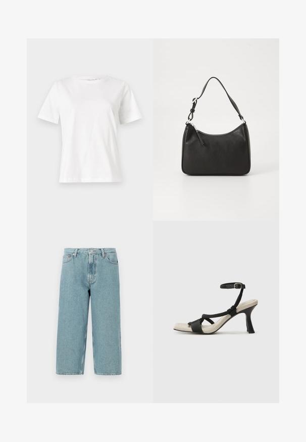 Bela bombažna majica s kratkimi rokavi, okroglo izrezana in ohlapnega kroja. Gladka tekstura, brez vzorcev ali dodatkov, minimalističen dizajn.; Svijetloplavi traper šortsevi s visokim strukom, ravnog kroja i neuređenim rubovima. Imaju klasično zatvaranje na dugme i patentni zatvarač, te četiri džepa.; Črne sandale na visoki peti z prepletenim trakom, kvadratnim nosom in nastavljivim gležnjenjem. Svetlo bež podplat z sijajno črno peto.; Črna usnjena torba za roke s ukrivljenim oblikom, enim trakom, zadrgo in diskretnim blagovnim znamkom na sprednjem delu. Gladka tekstura, minimalističen dizajn.