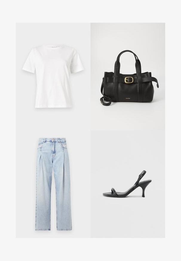 Hvit bomull t-skjorte med korte ermer, rund hals og avslappet passform. Glatt tekstur, ingen mønstre eller detaljer, minimalistisk design.; Lyseblå denimjeans med høy livlinje, vide ben, to sidelommer og plisserte detaljer. Myk tekstur med en falmet finish.; Sorte skinnhøye hæler med en slank, buet hæl og et kryssrem-design. Justerbar ankelrem. Glatt tekstur.; Svart lærveske med en strukturert design, doble topphåndtak, gullfarget spenneakent og preget merke-logo foran.