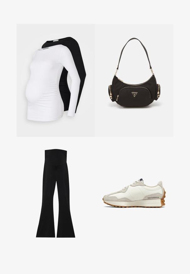 Due magliette premaman a maniche lunghe, una bianca e una nera, realizzate in un tessuto morbido, con un design aderente e arricciature sui lati.; Pantaloni neri a zampa d'elefante con vita alta, realizzati in tessuto elasticizzato. Presentano una texture liscia e un design semplice e minimalista.; Sneaker bianca e beige con tomaia in pelle liscia, dettagli in suede, punta rotonda e suola in gomma testurizzata. Nome del brand stampato sul lato.; Borsa a spalla in tessuto nero con accessori in tonalità oro, dotata di un ampio scomparto con zip e due piccole tasche laterali con zip.