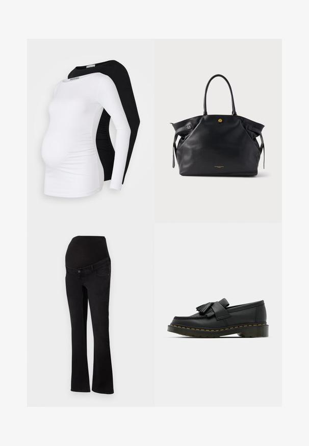 Dve dolge majice za nosečnice s dolgimi rokavi, ena v beli in ena v črni barvi, ki sta izdelani iz mehke tkanine, imajo prilegnjen dizajn in nabiranje ob straneh.; Maternitetne kavbojke v črnem denimu z raztegljivim pasom nad trebuhom, oprijete okoli bokov in stegen, razširjene na spodnjem delu hlačnic.; Črne usnjene loafer čeveljce z zaobljenim prstom, okrašene s frufrum in dekorativnim trakom spredaj, postavljene na debelo peto.; Črna usnjen torbica z motorno površino, zlato kovinsko opremo in dvema zaobljenima ročajema. Ima varno zapiranje in minimalistično blagovno znamko.