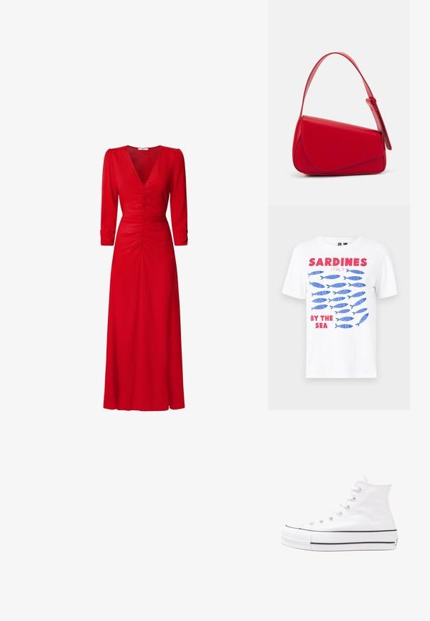 Balta T-kreklu ar grafisko dizainu, kurā attēlotas zilas sardīnes ar rakstiem, kopā ar tekstu "SARDĪNES ITĀLIJA" un "BLakus JŪRAI" sarkanā krāsā.; Sarkana kleita ar V veida kakla izgriezumu, trīs ceturtdaļu piedurknēm un ruched detaļām viduklī un mugurā. Audums izskatās gluds un viegls.; Balti augstie kanvas sporta apavi ar melnu gumijas zoli, priekšējo gumijas purngalu un sešām acīm lencēm, kuriem ir tīrs, minimālistisks dizains.; Sarkans ādas rokassomi ar stūrainu, ģeometrisku dizainu. Iekļauj vienu regulējamu siksnu un vāku ar izšūtu detaļu.