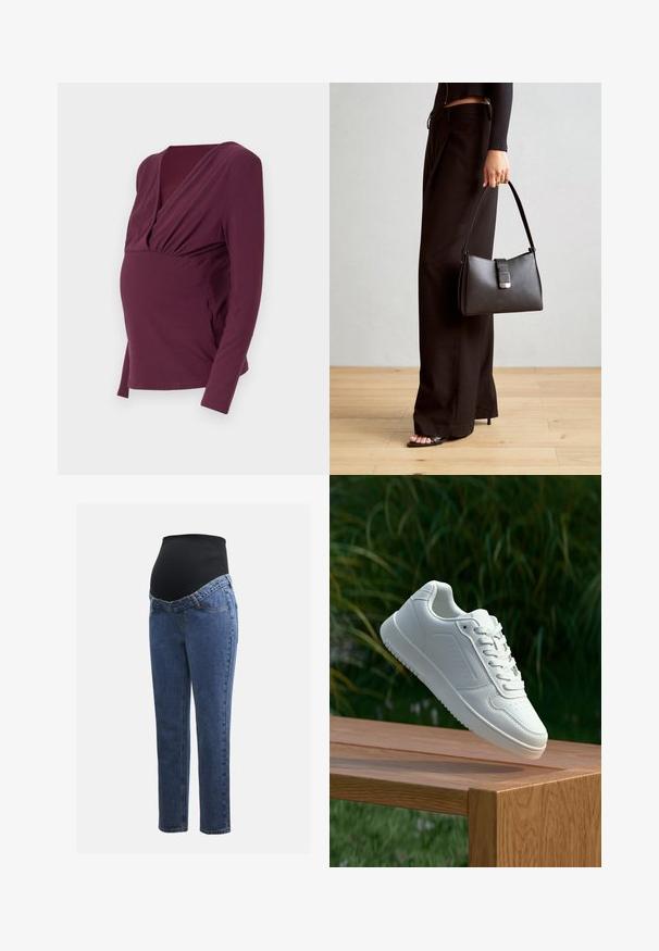 Grūtniecības tops dziļi burgundijas krāsā ar garām piedurknēm, V veida kakla izgriezumu un savelkiem detaļām pie krūtīm un sāniem, izgatavots no mīkstas auduma.; Māmiņu džinsi ar zilu denima kājām un melnu elastīgu vēdera paneli, kas izstrādāts, lai atbalstītu un nosegtu augošu vēderu.; Baltie sporta apavi ar gludu sintētisku augšpusi, perforētu pirkstu daļu, plakani šņorēm un rakstainu zoli, novietoti uz koka virsmas.; Melnā somiņa ar strukturētu formu, gludu tekstūru un metālu sprādzi. Saskaņota ar platām melnām biksēm un sandālēm ar atvērtu purngalu uz koka grīdas.