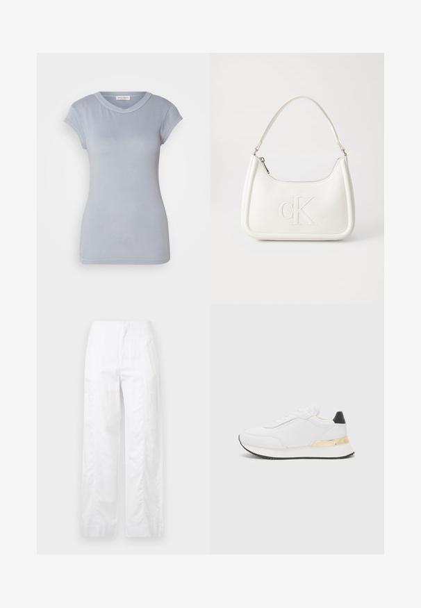 T-shirt de manga curta azul claro com gola redonda e forma ajustada, feito de tecido suave. Apresenta um design limpo e costuras discretas.; Calças brancas de perna larga feitas de um tecido leve, com uma textura suave, linhas limpas e um design de cintura alta.; Sneaker branco com acabamento liso, apresentando um detalhe preto no calcanhar e um detalhe metálico dourado na entressola. Design com cadarço, sola de borracha.; Mala de mão branca em pele com uma forma curva, apresentando um logo "CK" em relevo na frente e uma alça de ombro única. Fecho com zíper na parte superior.
