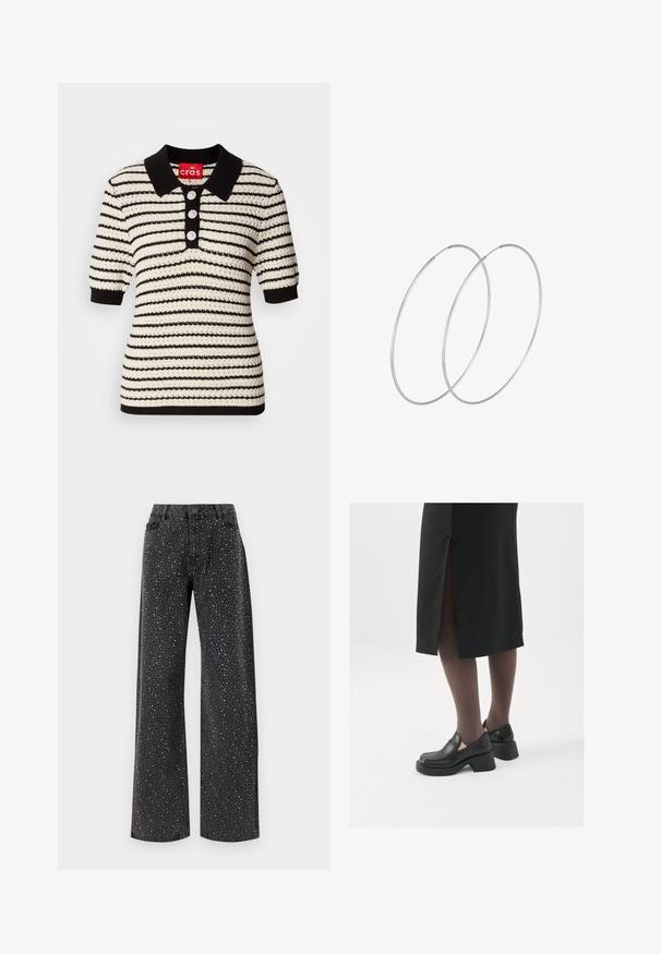 Neulottu poolopaita musta-valkoisilla raidoilla, lyhyillä hihoilla ja mustalla kauluksella. Edessä kolme helmiknappia.; Noisy May NMJANNEL LOOSE - Relaxed fit -farkut - black denim; Mustat nahkakengät pyöreällä kärjellä, paksulla lohkopohjalla ja joustavilla sivuakkesseilla, yhdistettynä tummiin sukkahousuihin ja mustaan hameeseen, jossa on halkio.; Hopehope hopeilla, joissa on minimalistinen muotoilu. Pyöreä muoto, sileä pinta ja ohut profiili. Kevyet ja kiillotetut.