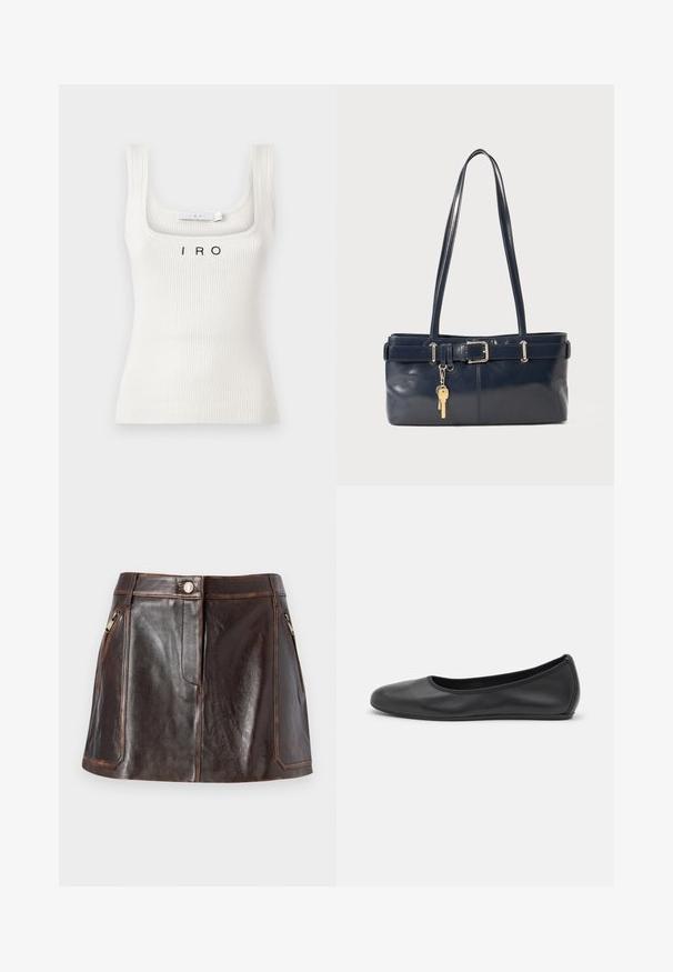 White ribbed tank top with a square neckline and thin straps, featuring the "IRO" logo in black on the front.; Brown leather mini skirt featuring a sleek design, two zippered side pockets, and contrasting stitching along the edges.; Black leather ballet flat with a rounded toe, smooth texture, minimal stitching detail, and a flexible sole design.; Navy leather handbag with two long handles, a buckle detail, and a keychain attached. Features a smooth texture and a rectangular shape.