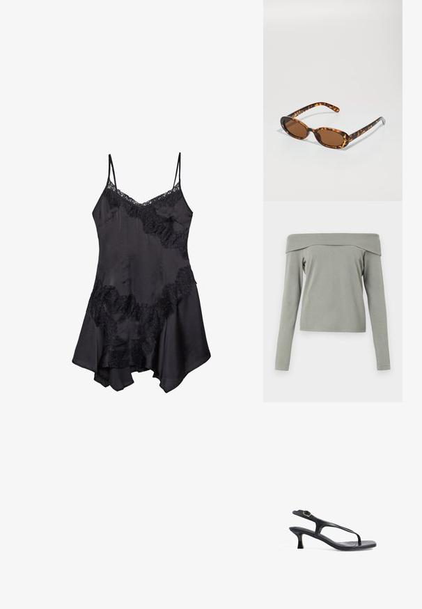 Bluzka z długim rękawem typu off-the-shoulder w jasnym zielonym kolorze. Miękka faktura, luźny krój i minimalne detale szycia u dołu i na rękawach.; Czarna satynowa sukienka na ramiączkach z koronkowym wykończeniem, z regulowanymi cienkimi ramiączkami i rozkloszowanym dołem, o miękkiej fakturze oraz ozdobnych falbanach.; Czarne skórzane sandały o smukłym designie, cienkich paskach i małym obcasie. Posiadają akcent w postaci sprzączki oraz gładką, teksturowaną wkładkę.; Okulary przeciwsłoneczne w cętkowanym stylu z owalnymi oprawkami, brązowymi soczewkami i smukłymi czarnymi ramionkami z subtelnymi akcentami wzoru.; Czarna torebka na ramię o teksturowanej powierzchni z krótkimi uchwytami, z złotym zapięciem i akcentami. Projekt jest zorganizowany, o geometrycznej sylwetce.